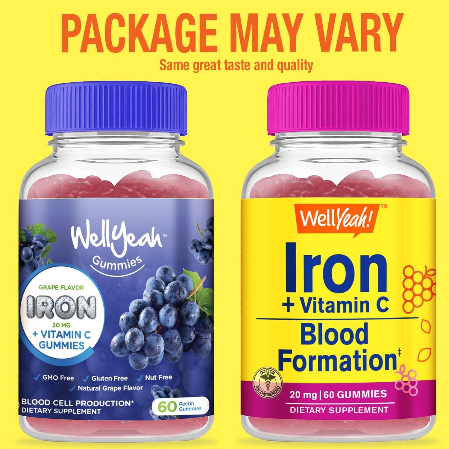Iron Gummies with Vitamin C for Anemia & Energy Support - Promotes Red Blood Cell Formation - Immune System Boost - Natural Grape Flavor - 60 Gummies