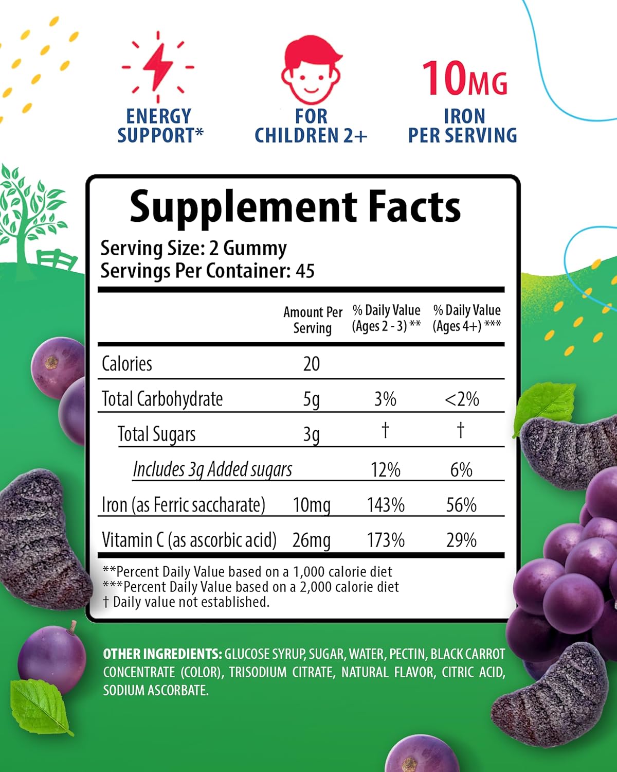 Iron Gummies with Vitamin C for Kids & Adults - 10mg per Serving - Chewable Fruit Gummy for Immune Support & Red Blood Cell Production