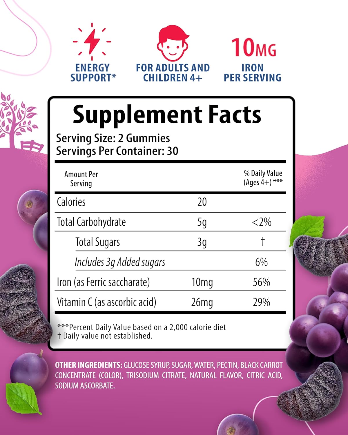 Iron Gummies with Vitamin C for Kids & Adults - Chewable Fruit Gummy for Immune Support & Red Blood Cell Production - 10mg Iron per Serving