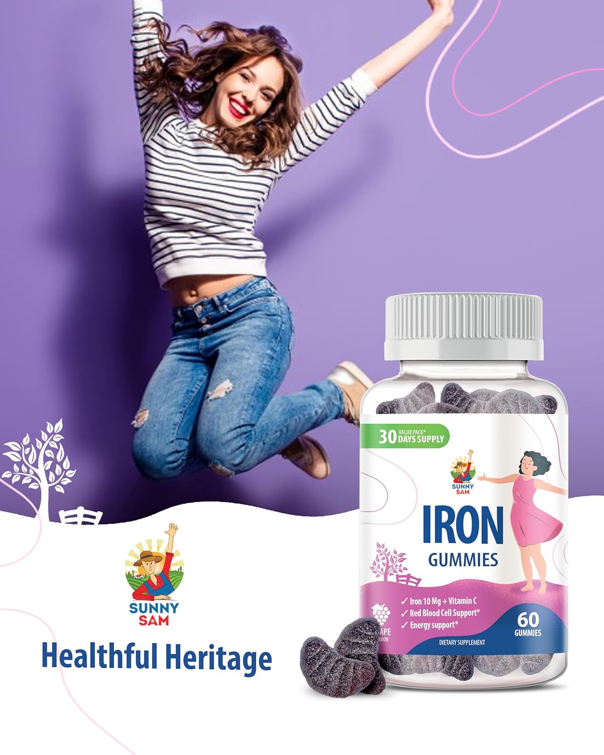 Iron Gummies with Vitamin C for Kids & Adults - Chewable Fruit Gummy for Immune Support & Red Blood Cell Production - 10mg Iron per Serving