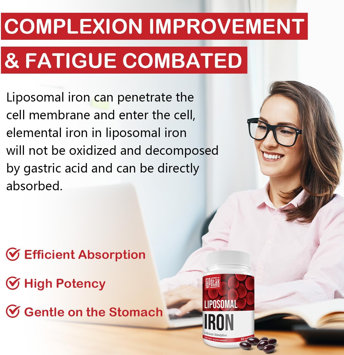 Iron Supplement for Women & Men - Liposomal Fe with Folic Acid & Vitamin B12, 65mg, Energy Support & Red Blood Cell Production, 60 Softgels