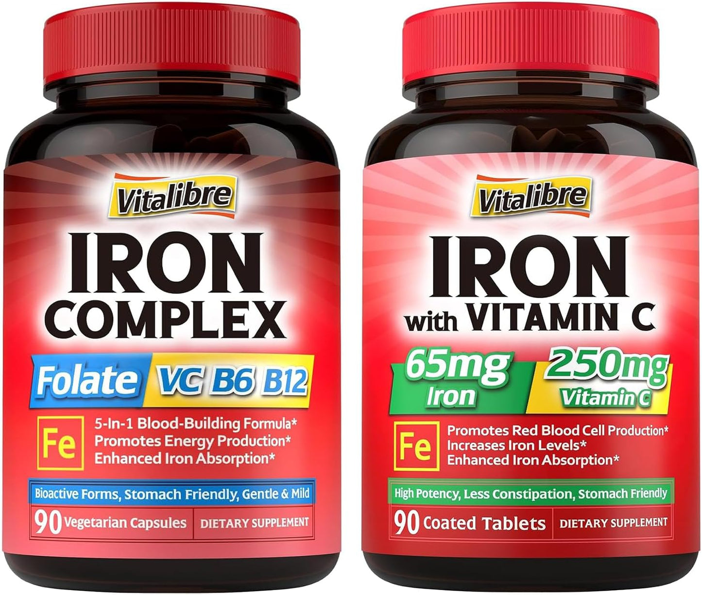 Iron Supplement for Women & Men with Vitamin C, B6, B12, Folate - 65mg Carbonyl Iron - Stomach Friendly - 90 Capsules & Tablets