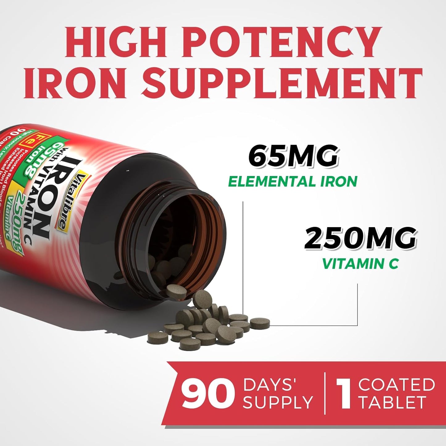 Iron Supplement for Women & Men with Vitamin C, B6, B12, Folate - 65mg Carbonyl Iron - Stomach Friendly - 90 Capsules & Tablets