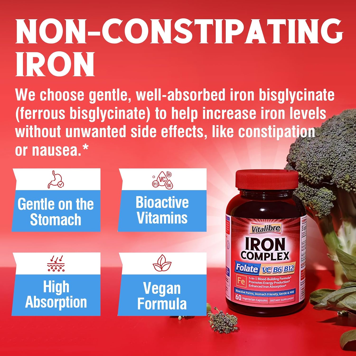 Iron Supplement with Vitamins C, B6, B12 & Folate for Men & Women - Energy & Blood Support - Non-GMO, Vegan - 60 Capsules - BoostGo Australia