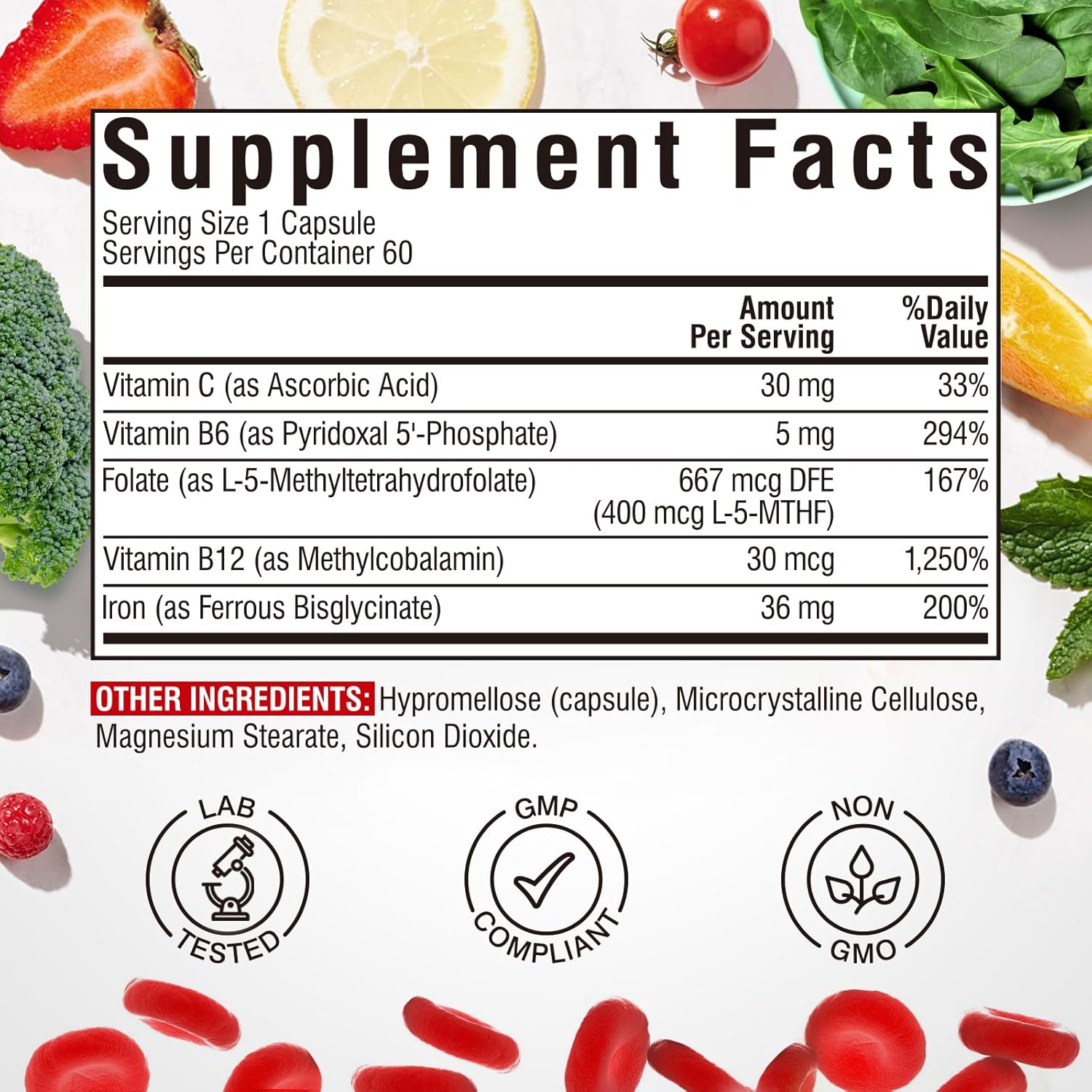 Iron Supplement with Vitamins C, B6, B12 & Folate for Men & Women - Energy & Blood Support - Non-GMO, Vegan - 60 Capsules - BoostGo Australia