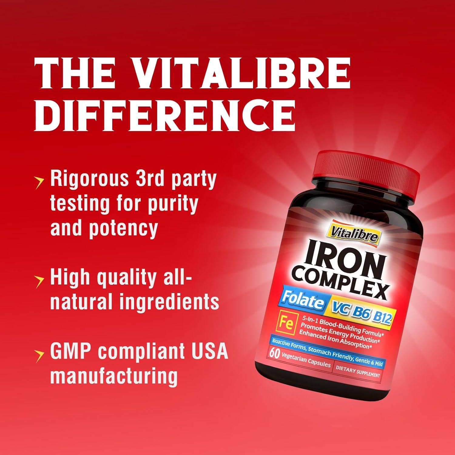 Iron Supplement with Vitamins C, B6, B12 & Folate for Men & Women - Energy & Blood Support - Non-GMO, Vegan - 60 Capsules - BoostGo Australia