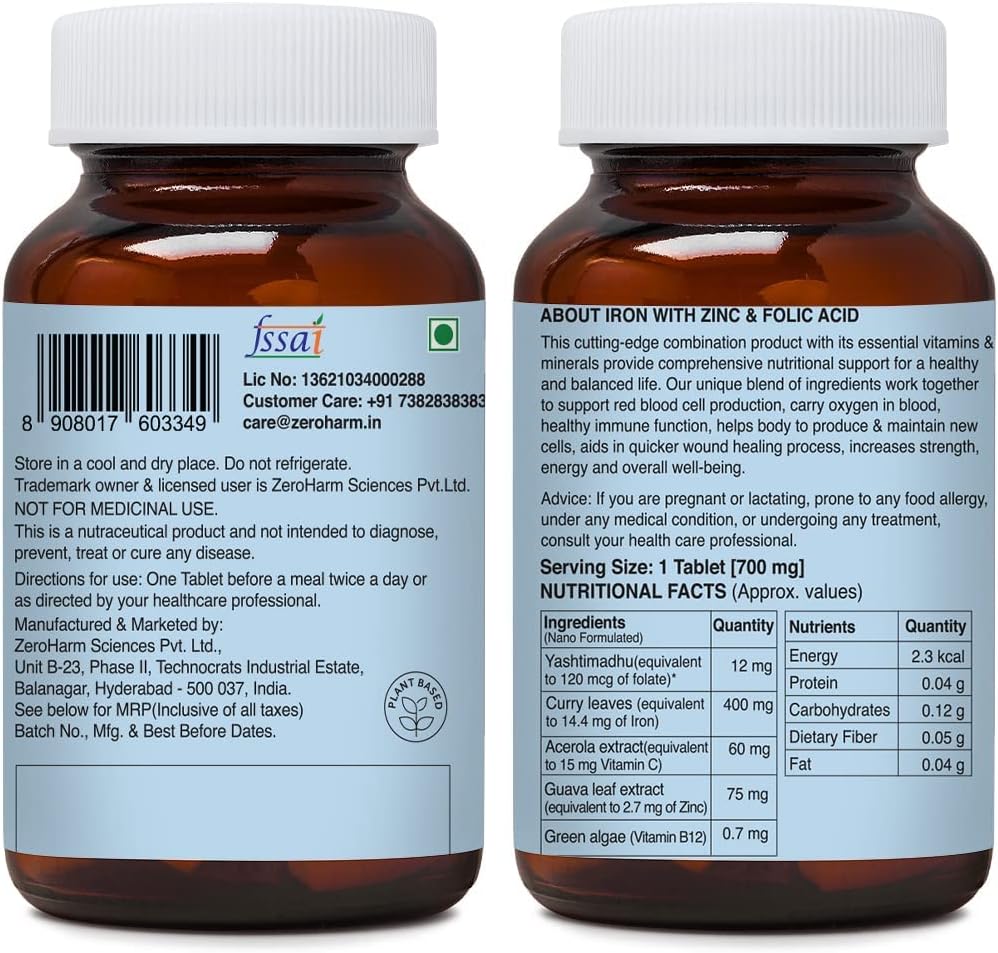 Iron Supplement with Zinc and Folic Acid - 60 Tablets for Overall Health