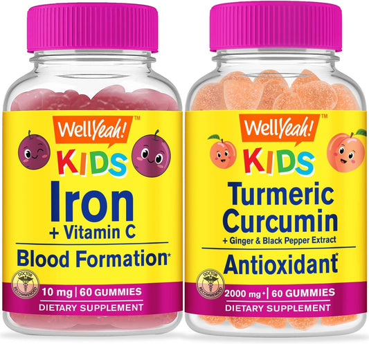 Iron, Vitamin C, and Turmeric Curcumin Gummies Bundle for Kids - Delicious Chewable Vitamin Supplement for Children, Gluten-Free and GMO-Free