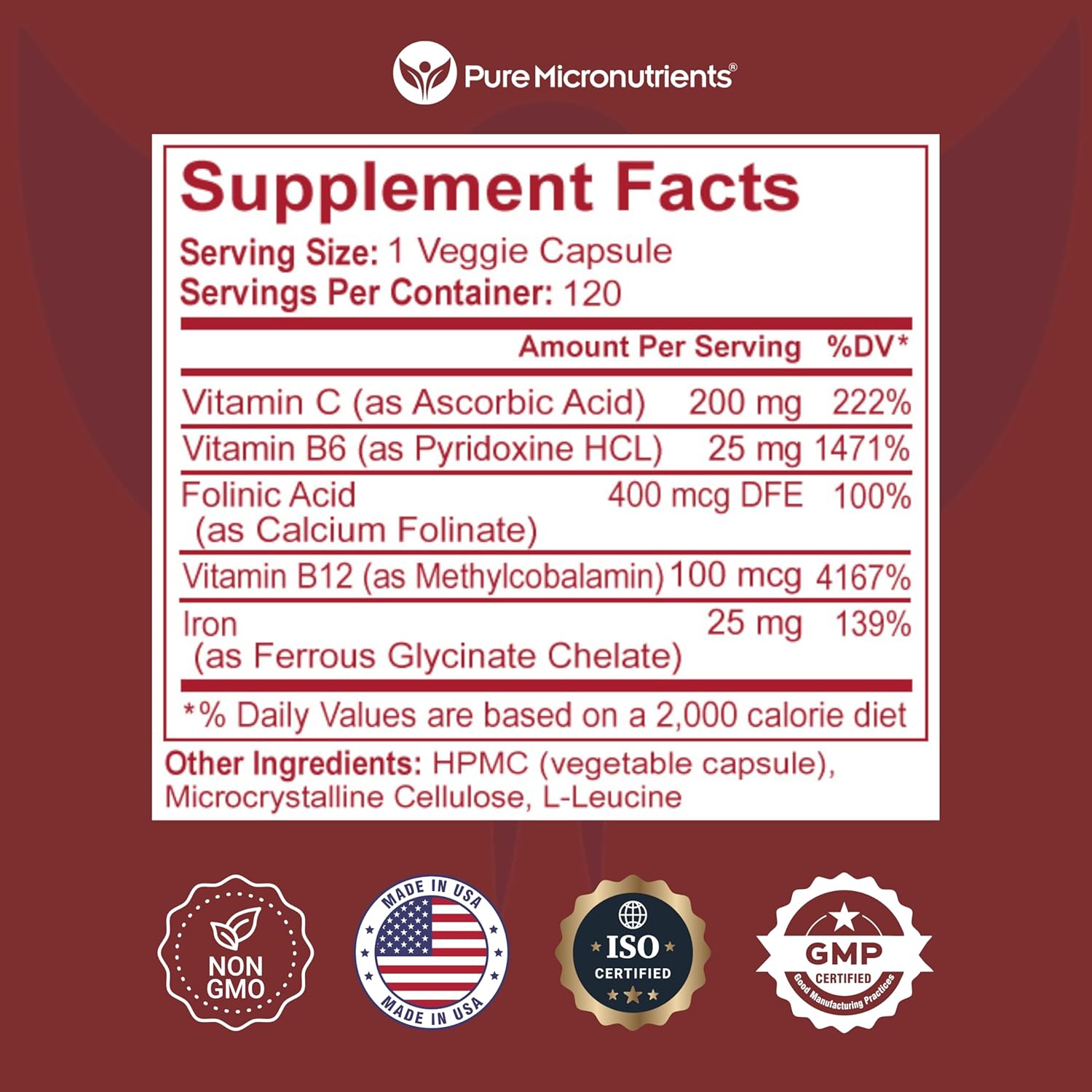 IronPills with Vitamin C, B6, B12, Folic Acid - 25mg Iron Supplement for Energy Support - 120 Count - Women & Men's Natural Ferrous Chelate Bisglycinate for Anemia & Deficiency - Pure Micronutrients