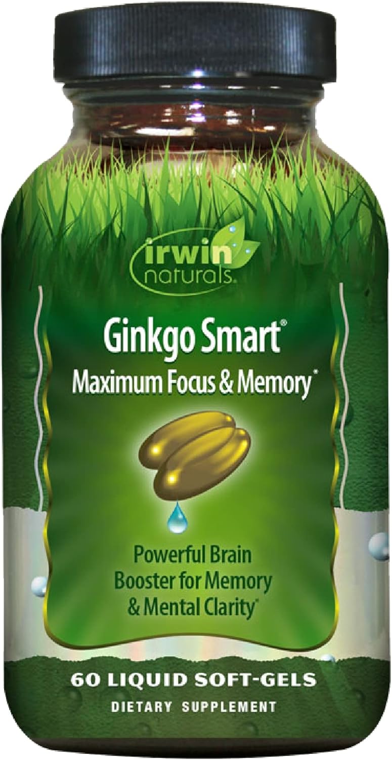 Irwin Naturals Ginkgo Smart Nootropic Brain Booster - Enhances Memory, Focus & Clarity - 60 Liquid Softgels