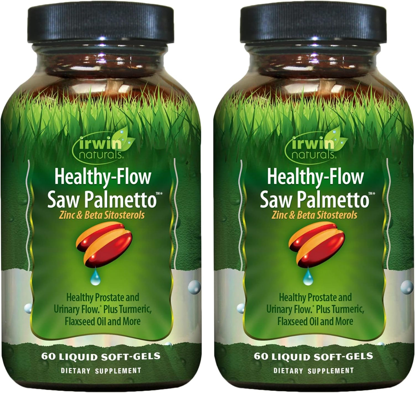 Irwin Naturals Healthy-Flow Saw Palmetto Liquid Soft-Gels, 60 Count, Pack of 2 - Supports Prostate & Urinary Health - Turmeric & Flaxseed Oil - 30 Servings