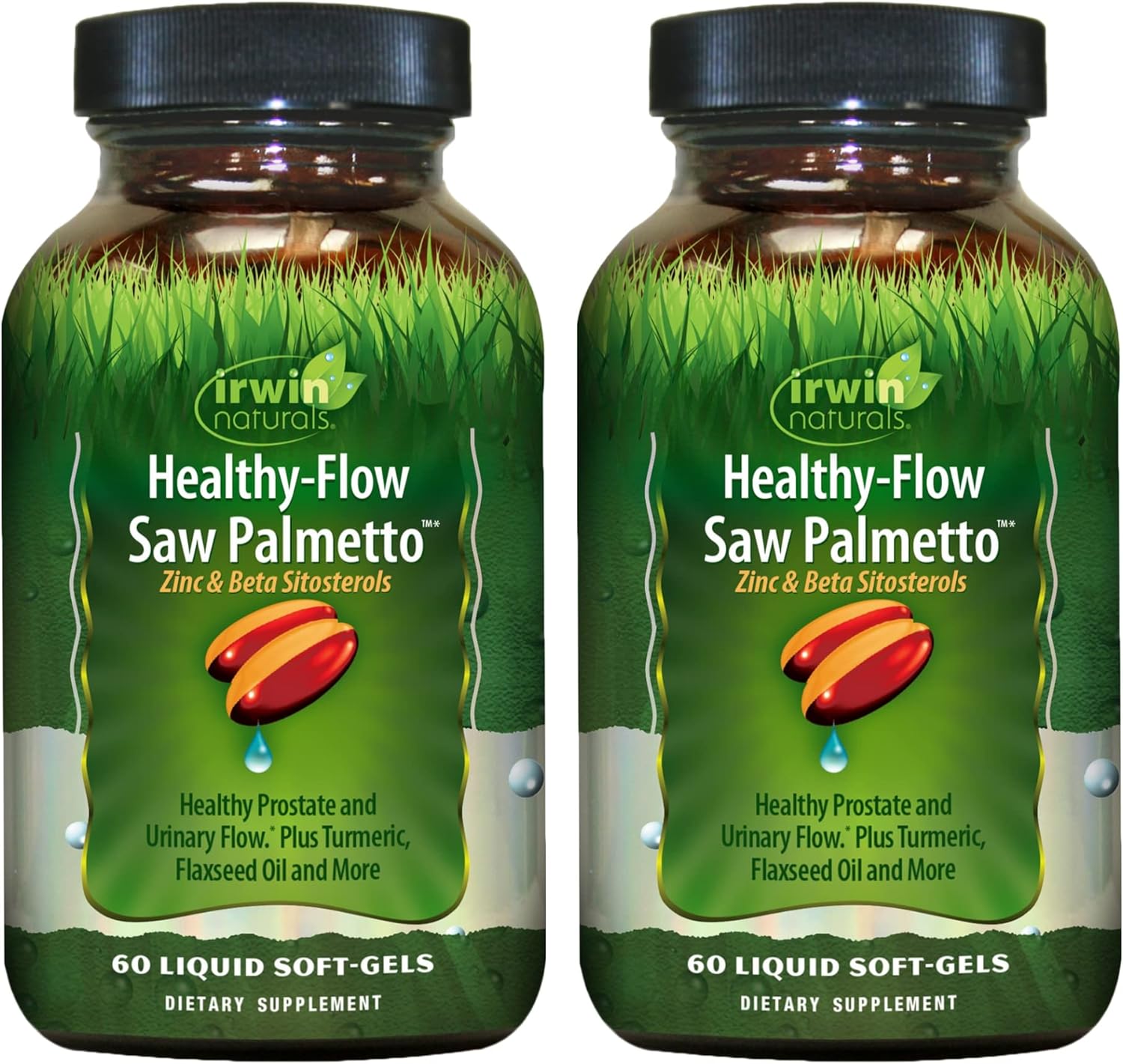 Irwin Naturals Healthy-Flow Saw Palmetto Liquid Soft-Gels, 60 Count, Pack of 2 - Supports Prostate & Urinary Health - Turmeric & Flaxseed Oil - 30 Servings