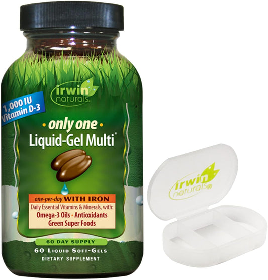 Irwin Naturals Liquid-Gel Multivitamin with Iron, Omega-3, Antioxidants, Green Super Foods - 60 Softgels + Pill Case Bundle
