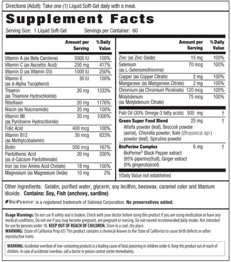 Irwin Naturals Liquid-Gel Multivitamin with Iron, Omega-3, Antioxidants, Green Super Foods - 60 Softgels + Pill Case Bundle