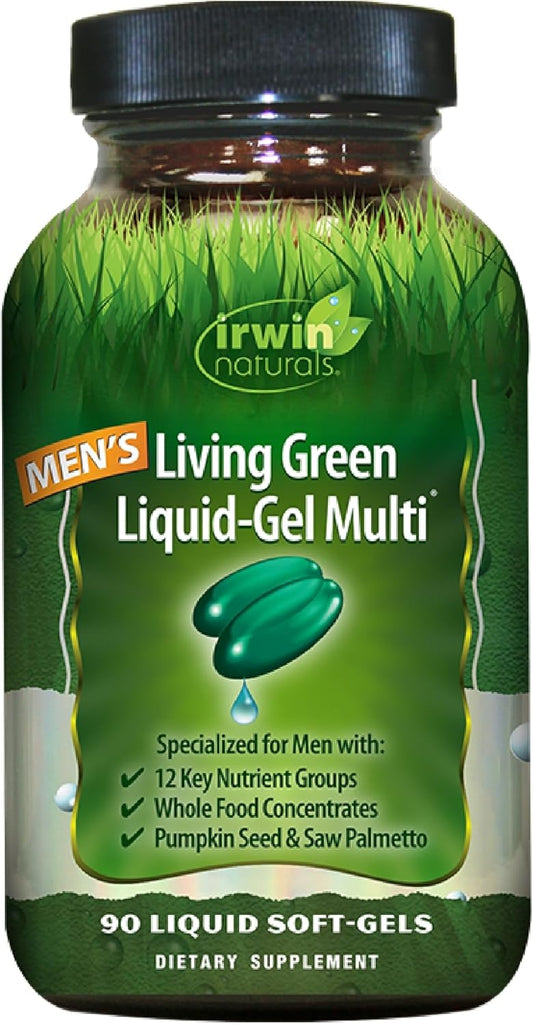 Irwin Naturals Men's Living Green Liquid-Gel Multi Softgels - 70 Essential Nutrients, Wholefood Blend - Adrenal & Brain Support - 90 ct.