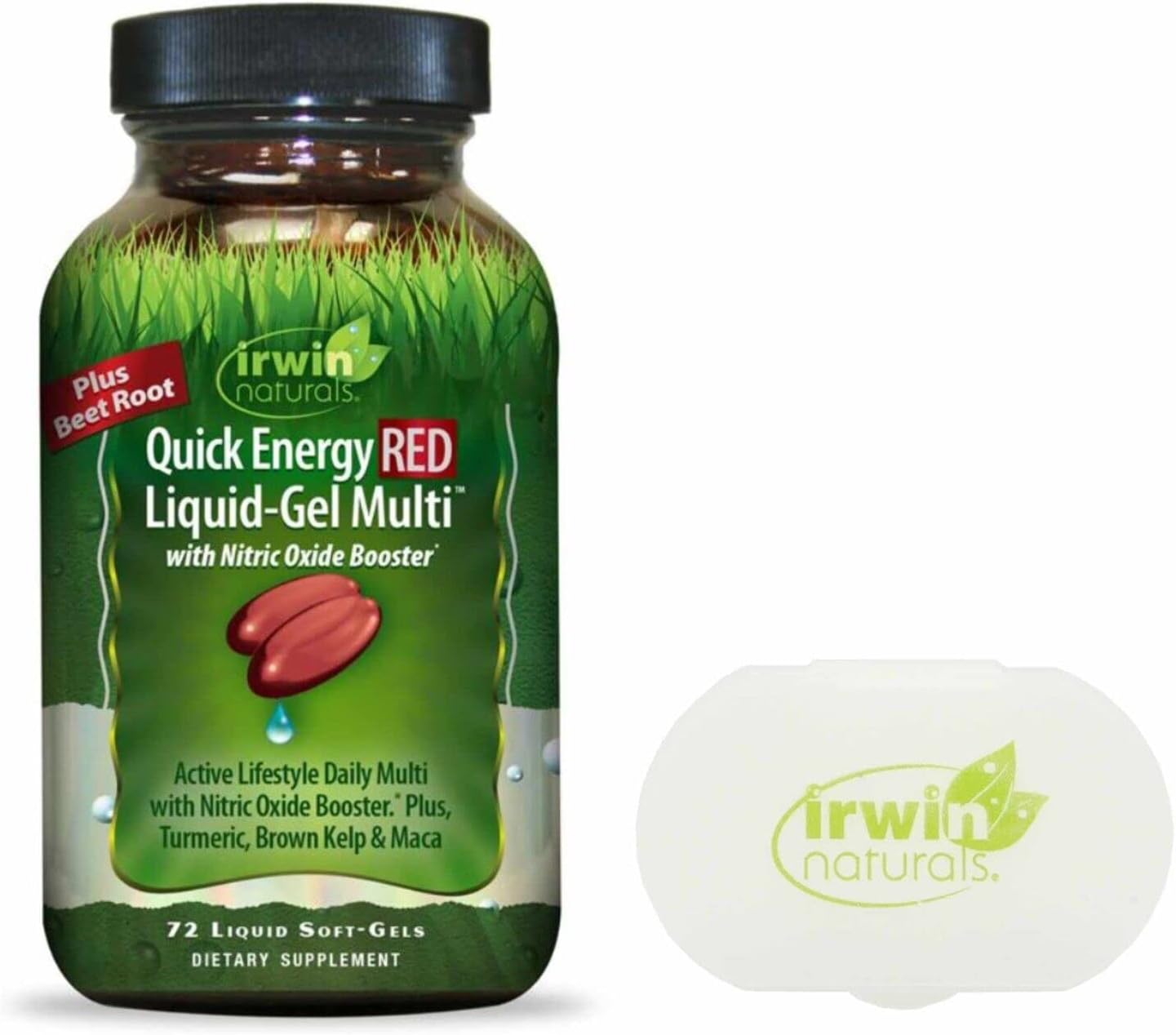 Irwin Naturals Quick Energy RED Liquid-Gel Multi with Nitric Oxide Booster, 72 Liquid Softgels + Pill Case Bundle