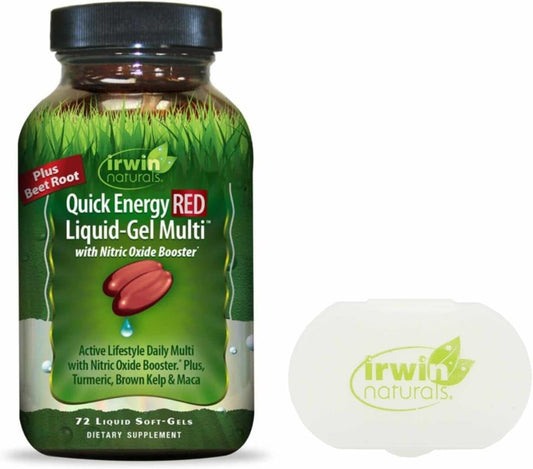 Irwin Naturals Quick Energy RED Liquid-Gel Multi with Nitric Oxide Booster, 72 Liquid Softgels + Pill Case Bundle