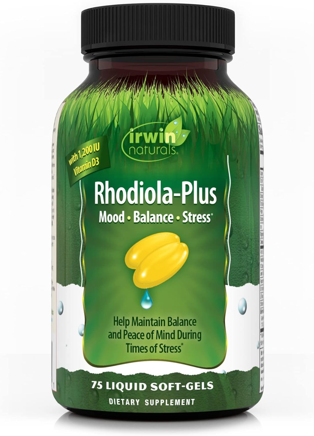 Irwin Naturals Rhodiola-Plus Liquid Soft-Gels with L-Theanine, Vitamin D3 & Magnesium - 75 Soft-Gels for Balance & Peace - 25 Servings