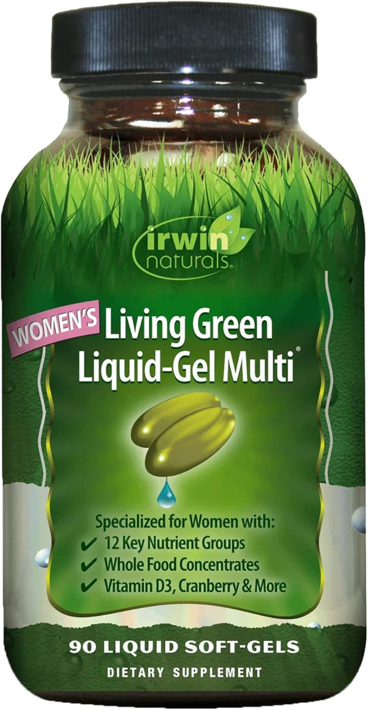 Irwin Naturals Women's Living Green Liquid-Gel Multi Vitamin - 90 Softgels - 70 Nutrients, Full-Spectrum Vitamins, Wholefood Blend - Adrenal & Brain Support - 30 Servings