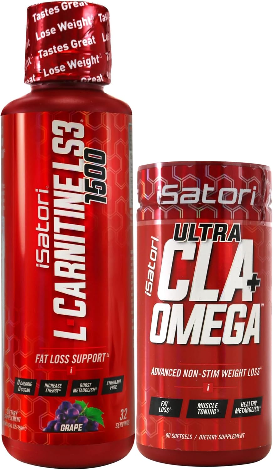 iSatori L-Carnitine LS3 Grape 1500mg Liquid with Ultra CLA Softgels - 32 Servings, Acetyl L-Carnitine, Omega 3 6 9 Safflower Oil