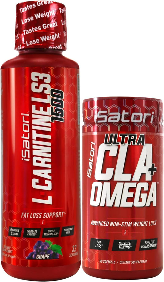 iSatori L-Carnitine LS3 Grape 1500mg Liquid with Ultra CLA Softgels - 32 Servings, Acetyl L-Carnitine, Omega 3 6 9 Safflower Oil