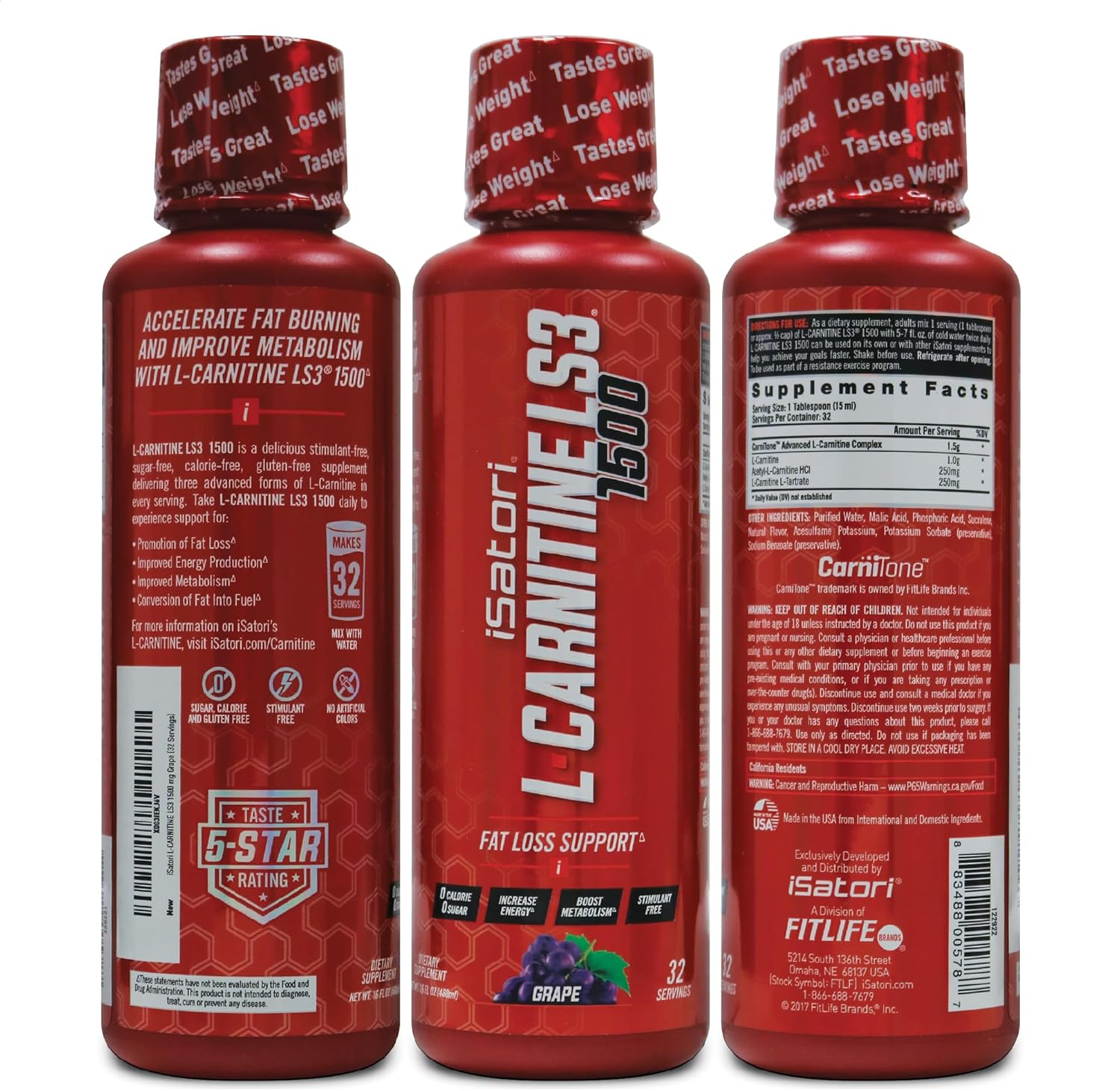iSatori L-Carnitine LS3 Grape 1500mg Liquid with Ultra CLA Softgels - 32 Servings, Acetyl L-Carnitine, Omega 3 6 9 Safflower Oil