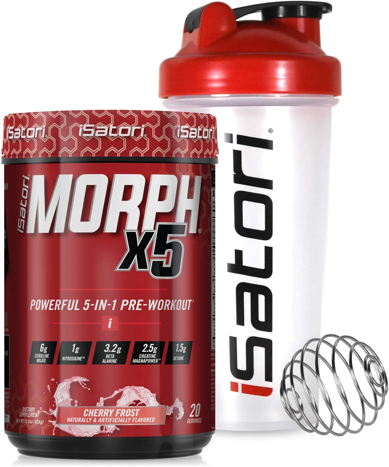 iSatori Morph Xtreme Pre Workout - Bombsicle Flavor, 20 Servings + Classic Clear Blender Bottle with Red Top
