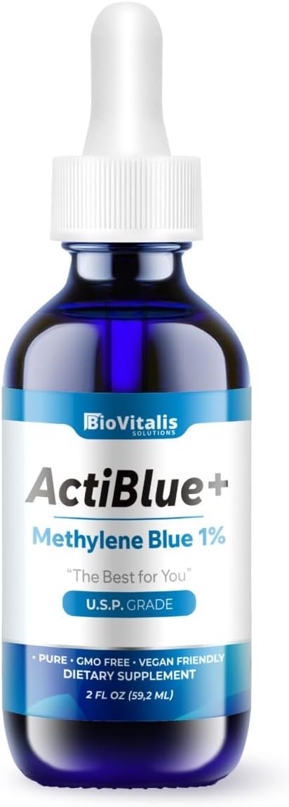 ISO Certified 1% Methylene Blue Solution by Biovitalis Solutions - Pharmaceutical Grade, Third Party Lab Tested, 99.9% Purity - No Formaldehyde, Alcohol, Gluten, or GMOs - 2 Fl. Oz