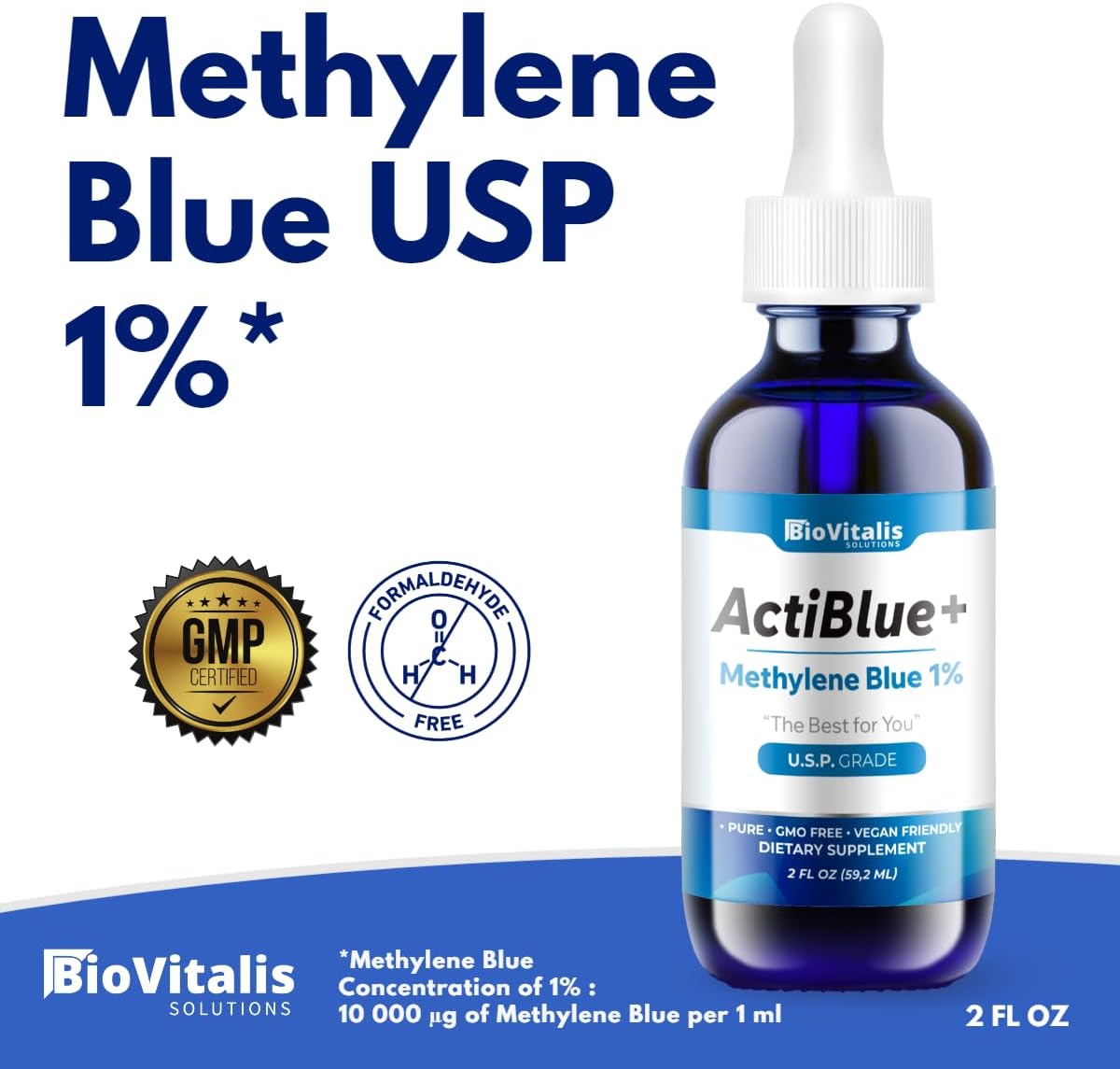 ISO Certified 1% Methylene Blue Solution by Biovitalis Solutions - Pharmaceutical Grade, Third Party Lab Tested, 99.9% Purity - No Formaldehyde, Alcohol, Gluten, or GMOs - 2 Fl. Oz