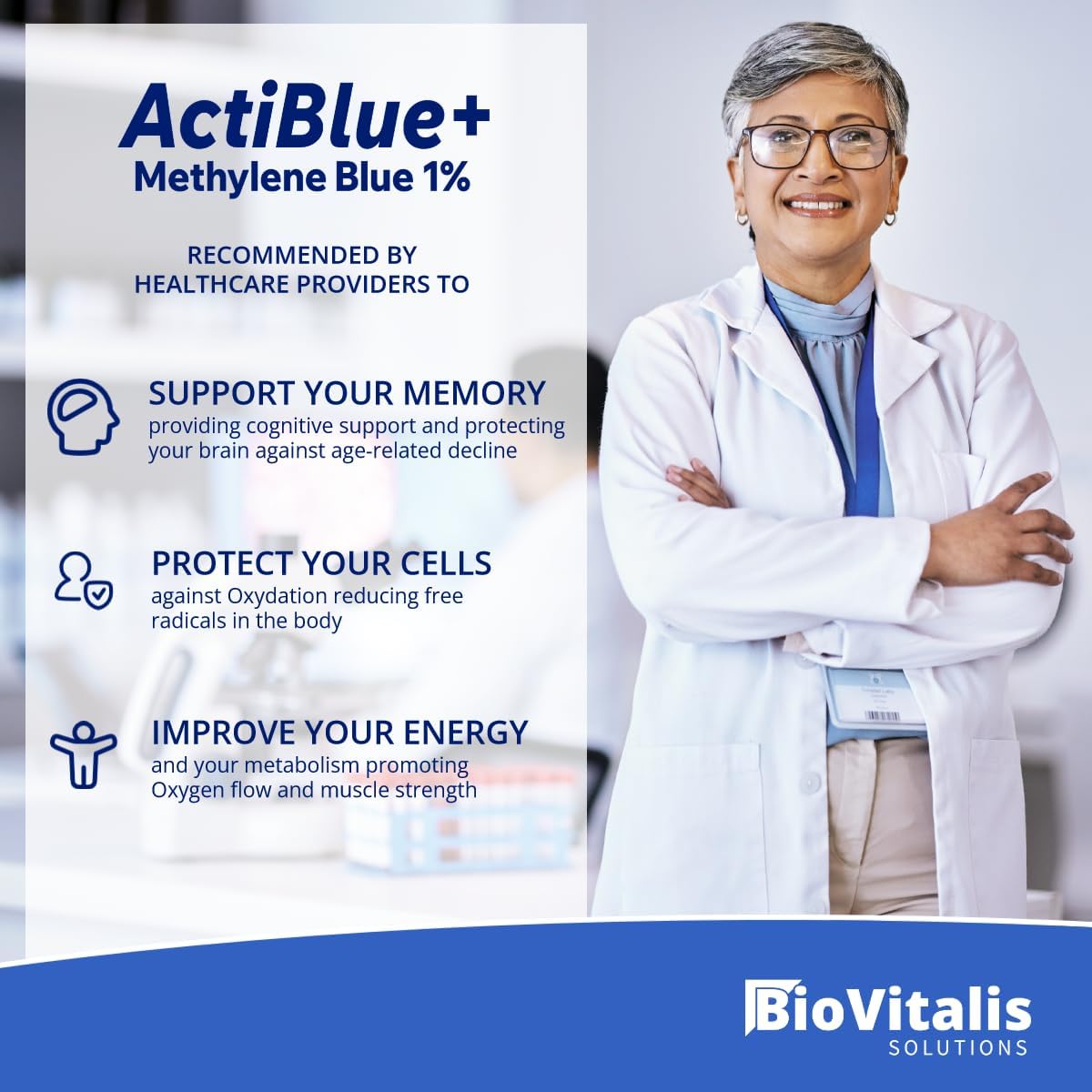 ISO Certified 1% Methylene Blue Solution by Biovitalis Solutions - Pharmaceutical Grade, Third Party Lab Tested, 99.9% Purity - No Formaldehyde, Alcohol, Gluten, or GMOs - 2 Fl. Oz