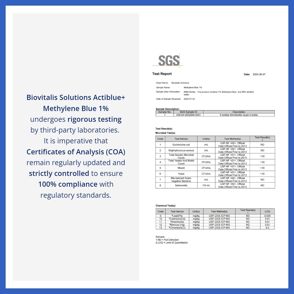 ISO Certified 1% Methylene Blue Solution by Biovitalis Solutions - Pharmaceutical Grade, Third Party Lab Tested, 99.9% Purity - No Formaldehyde, Alcohol, Gluten, or GMOs - 2 Fl. Oz