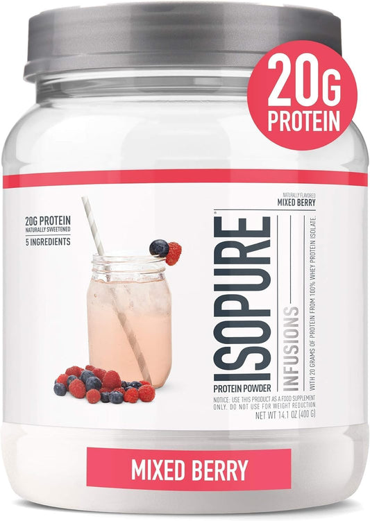 Isopure Clear Whey Isolate Protein Powder - Mixed Berry Flavor, 20g Protein, 14.1 Oz, 16 Servings, Lactose & Gluten Free