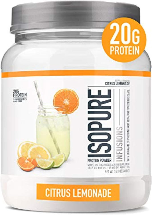 Isopure Clear Whey Isolate Protein Powder Infusions, Citrus Lemonade Flavor, 20g Protein, 14.1 Oz, 16 Servings