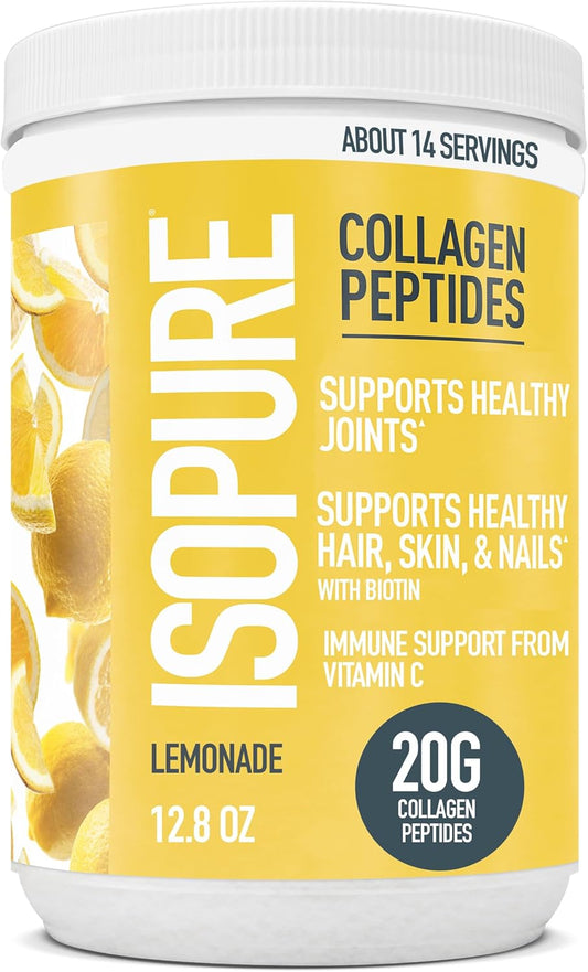 Isopure Collagen Peptides Powder with Vitamin C and Biotin - Lemonade Flavor, Supports Hair, Skin, Nails, and Joints, 14 Servings