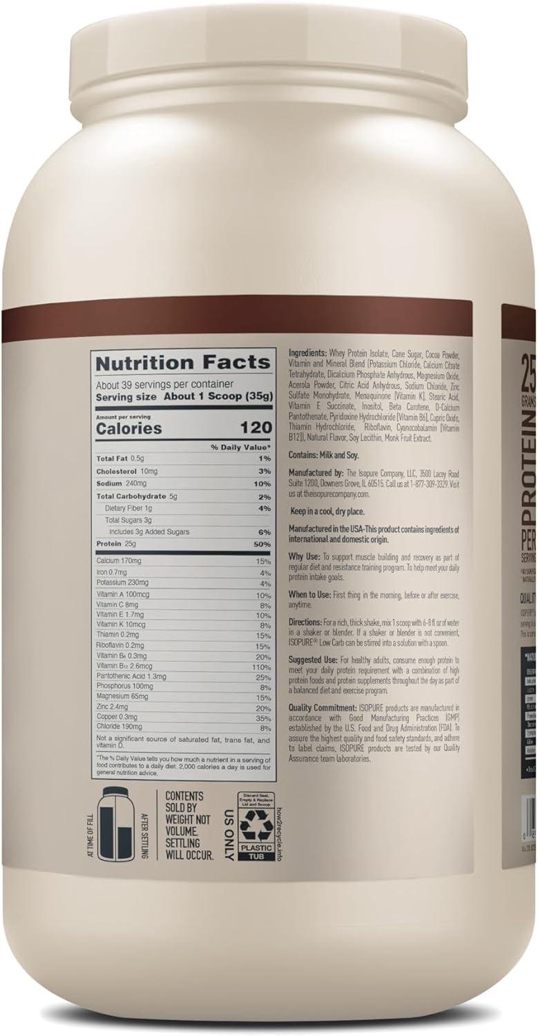 Isopure Low Carb Chocolate Whey Protein Powder - 100% Pure Isolate, Gluten & Lactose Free, 25g Protein, 3lbs, 39 Servings