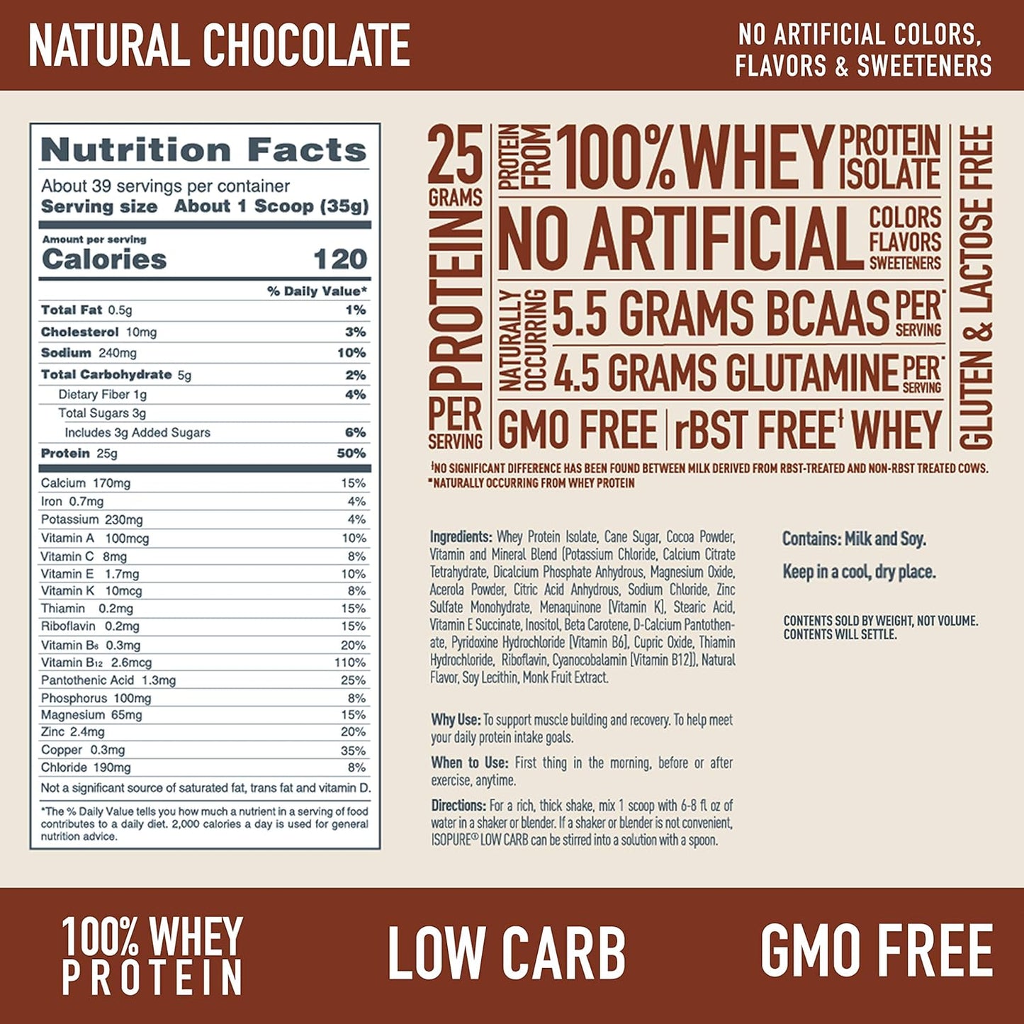 Isopure Low Carb Chocolate Whey Protein Powder - 100% Pure Isolate, Gluten & Lactose Free, 25g Protein, 3lbs, 39 Servings
