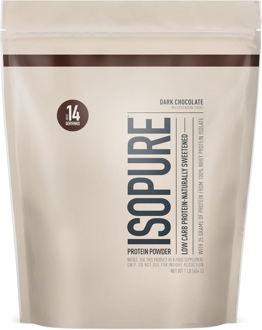 Isopure Low Carb Dark Chocolate Whey Isolate Protein Powder - 25g Protein Per Serving - Lactose and Gluten Free - 1 Lb Size - 14 Servings