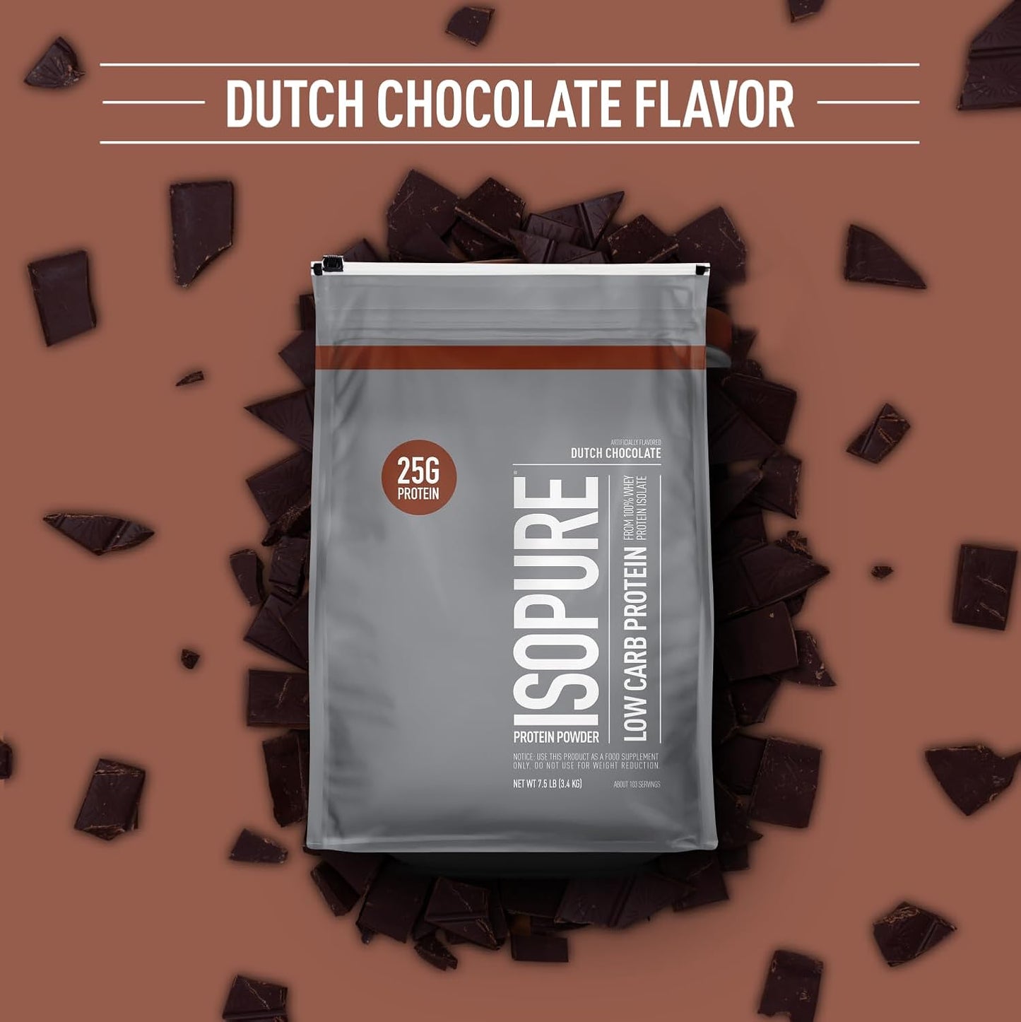 Isopure Low Carb Dutch Chocolate Whey Protein Powder - 7.5lbs, 103 Servings, 25g Protein, Lactose & Gluten Free, Fortified with Vitamins