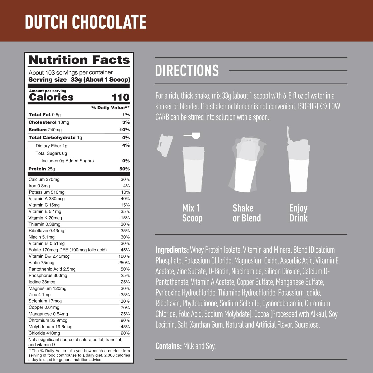 Isopure Low Carb Dutch Chocolate Whey Protein Powder - 7.5lbs, 103 Servings, 25g Protein, Lactose & Gluten Free, Fortified with Vitamins