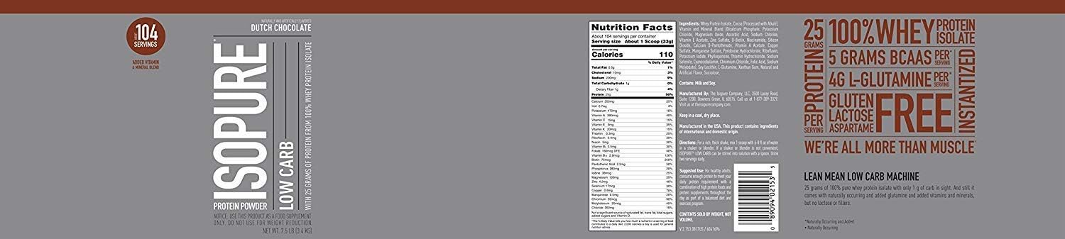 Isopure Low Carb Protein Powder with Creatine - 500g Unflavored, Keto-Friendly Whey Isolate Protein - Dutch Chocolate Flavor - 7.5lbs