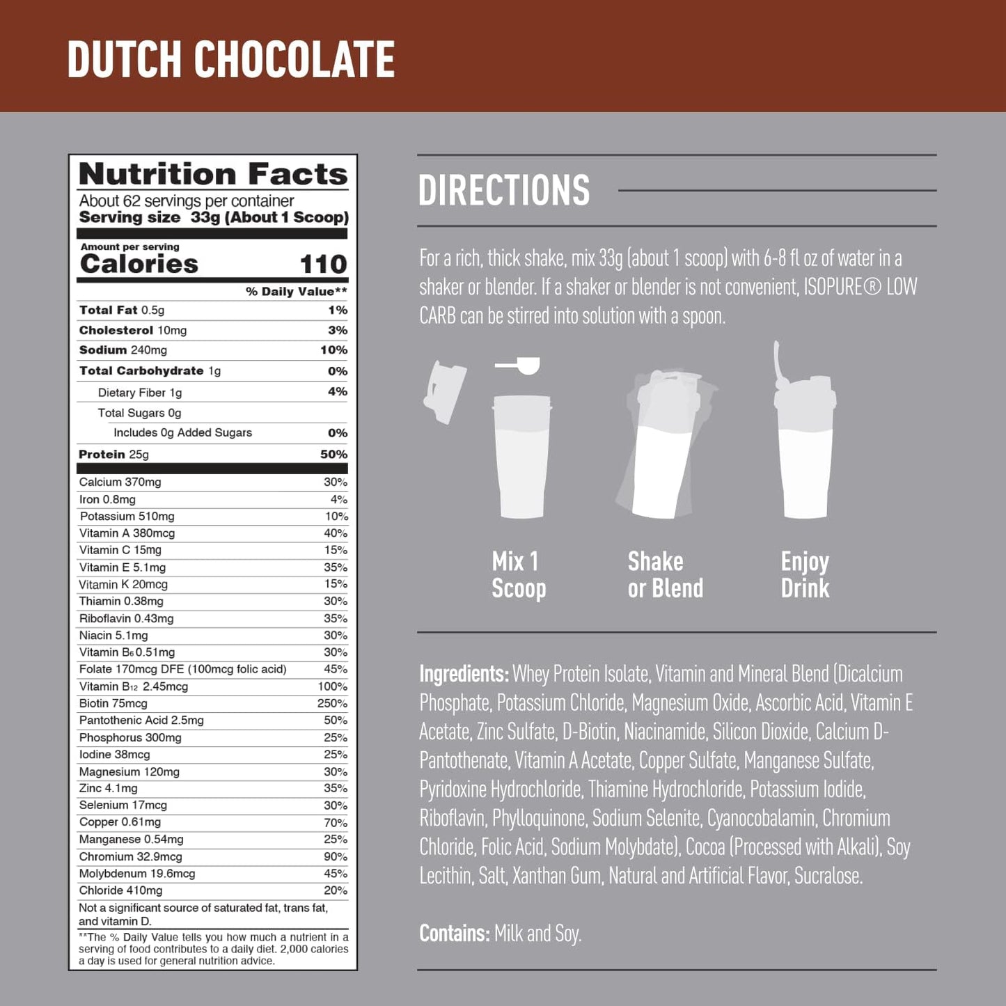 Isopure Low Carb Whey Isolate Protein Powder - Lactose & Gluten Free, Dutch Chocolate Flavor, 25g Protein, 4.5 Lbs