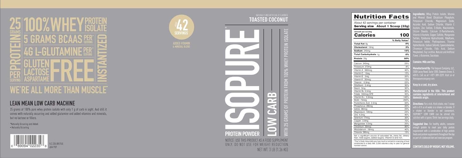 Isopure Low Carb Whey Isolate Protein Powder, Toasted Coconut Flavor, 25g Protein, 3 Lbs, Gluten & Lactose Free, With Vitamins
