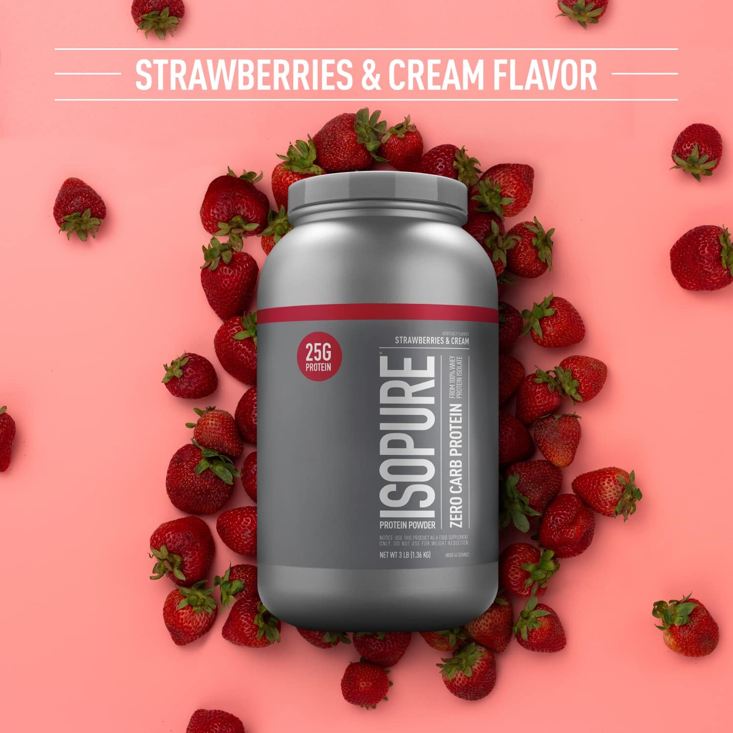 Isopure Zero Carb Whey Isolate Protein Powder - Strawberries & Cream Flavor - 25g Protein Per Serving - 3 Lbs - 44 Servings - Lactose & Gluten Free - With Vitamins