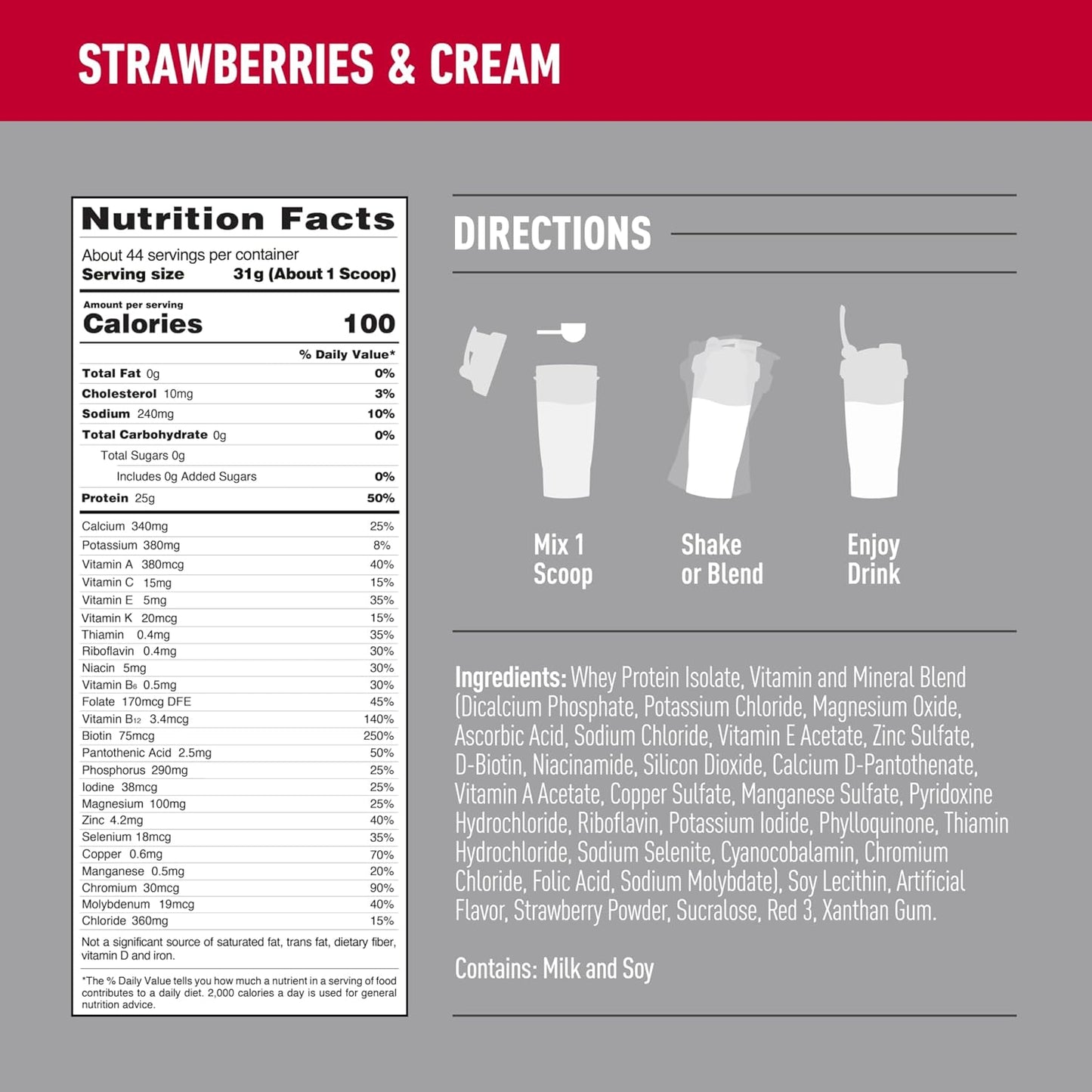 Isopure Zero Carb Whey Isolate Protein Powder - Strawberries & Cream Flavor - 25g Protein Per Serving - 3 Lbs - 44 Servings - Lactose & Gluten Free - With Vitamins
