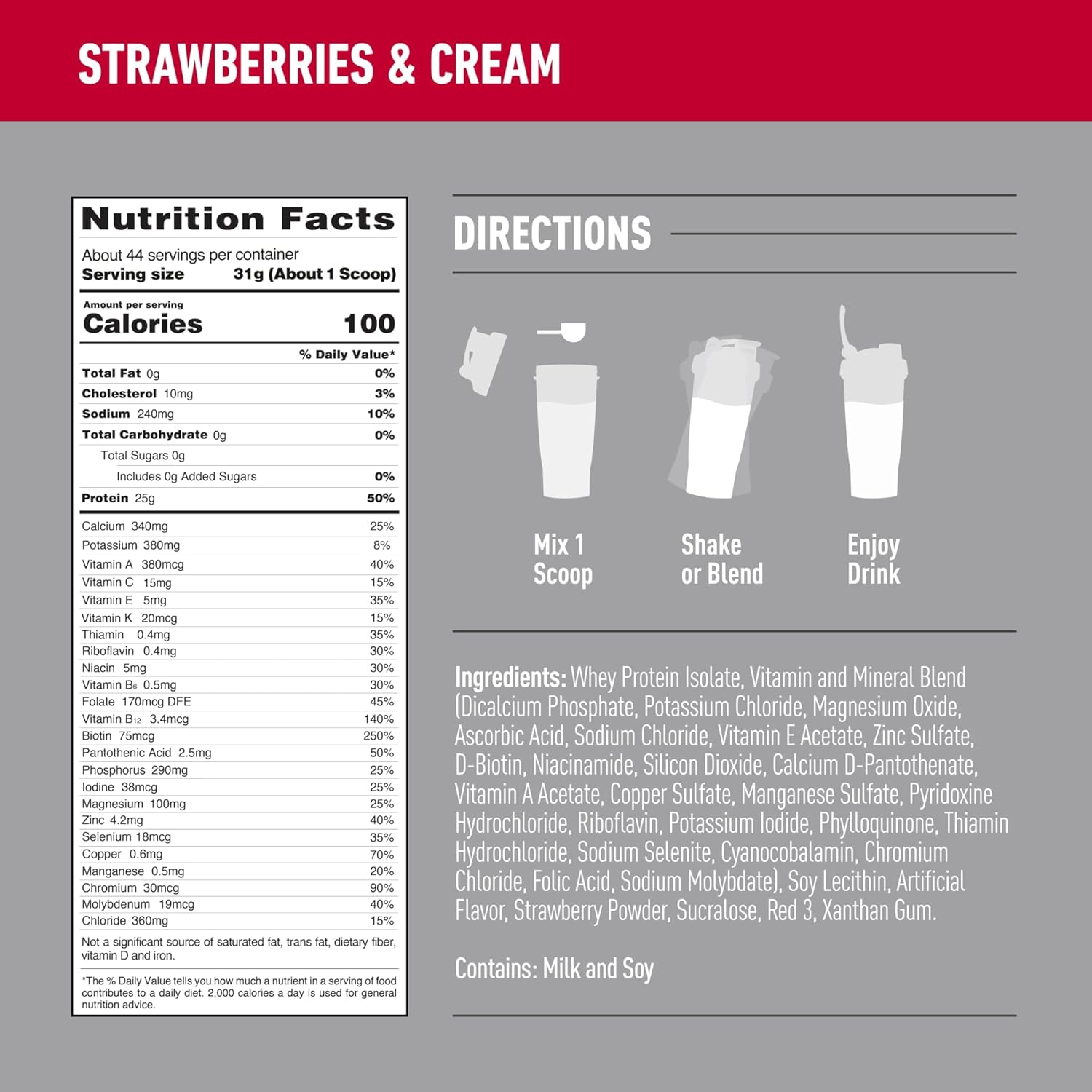 Isopure Zero Carb Whey Isolate Protein Powder - Strawberries & Cream Flavor - 25g Protein Per Serving - 3 Lbs - 44 Servings - Lactose & Gluten Free - With Vitamins
