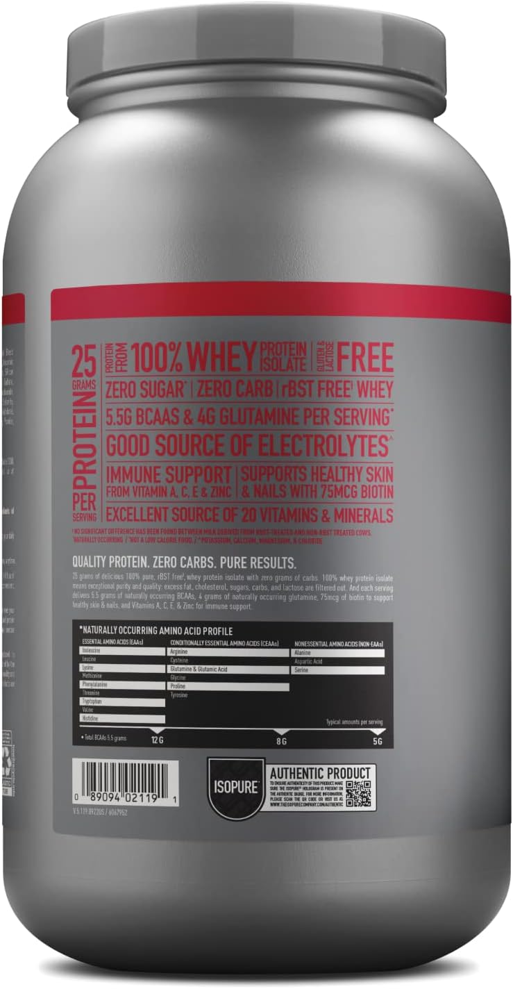 Isopure Zero Carb Whey Isolate Protein Powder - Strawberries & Cream Flavor - 25g Protein Per Serving - 3 Lbs - 44 Servings - Lactose & Gluten Free - With Vitamins
