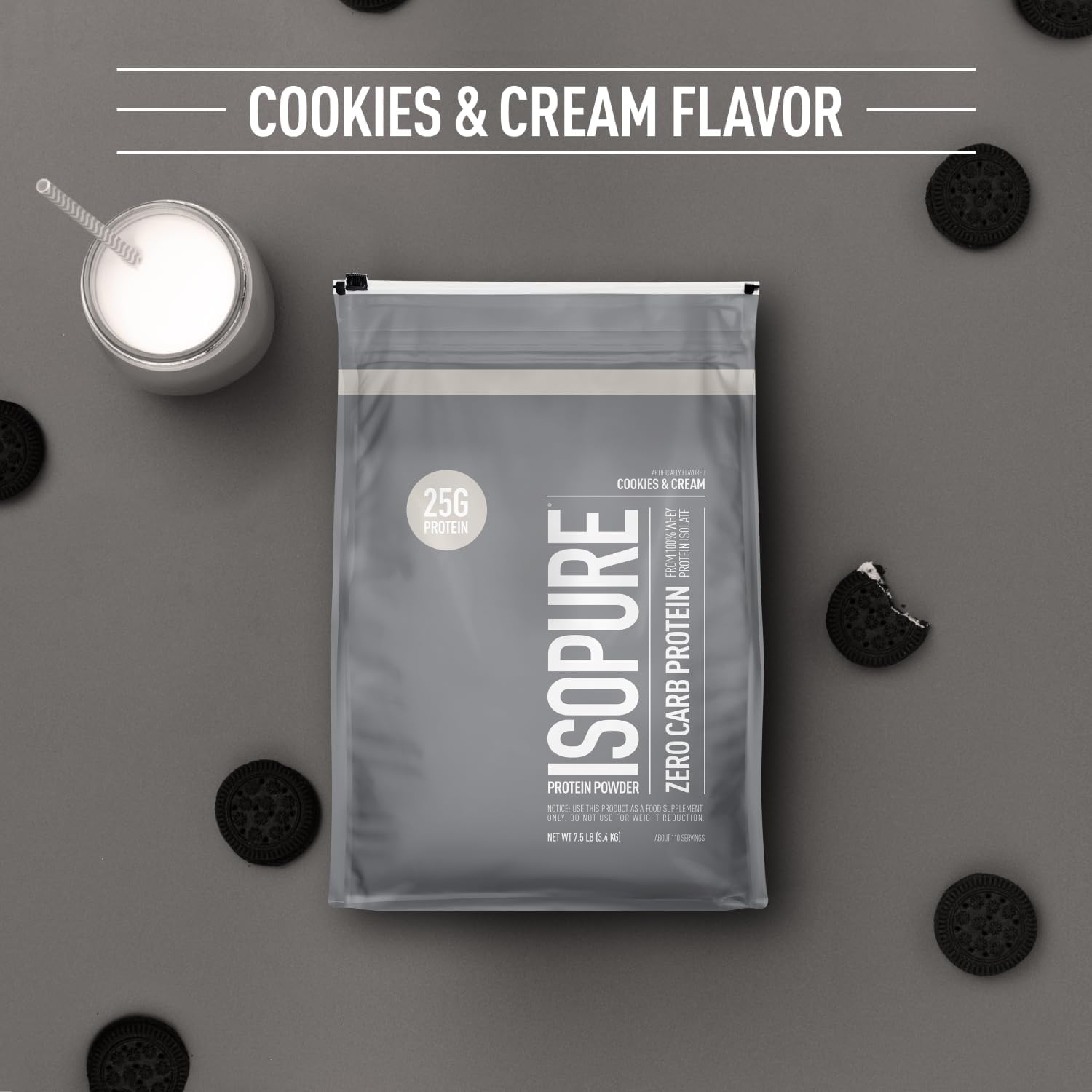 Isopure Zero Carb Whey Isolate Protein Powder, Cookies & Cream Flavor, 25g Protein, 7.5 Lbs, 110 Servings, Lactose & Gluten Free
