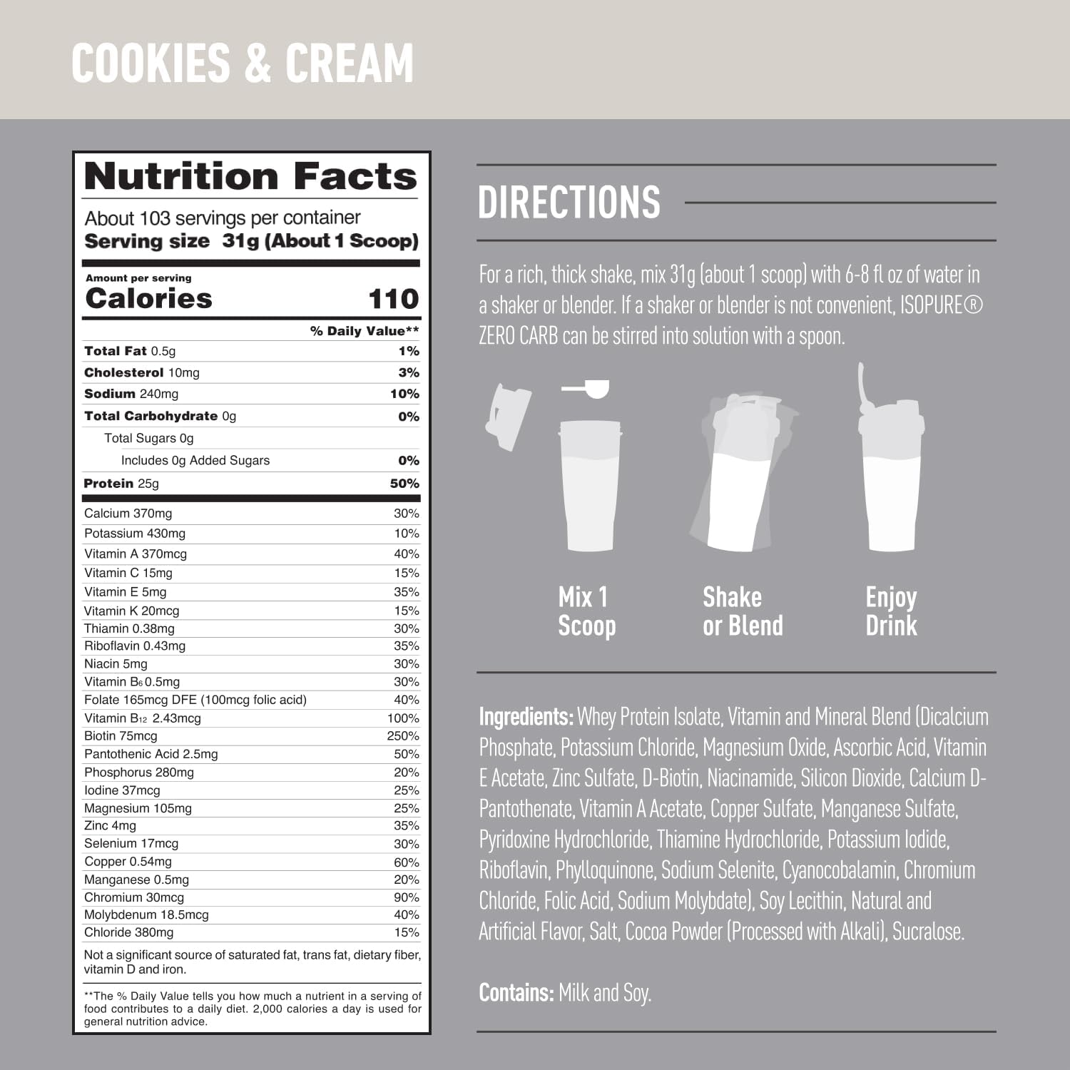 Isopure Zero Carb Whey Isolate Protein Powder, Cookies & Cream Flavor, 25g Protein, 7.5 Lbs, 110 Servings, Lactose & Gluten Free