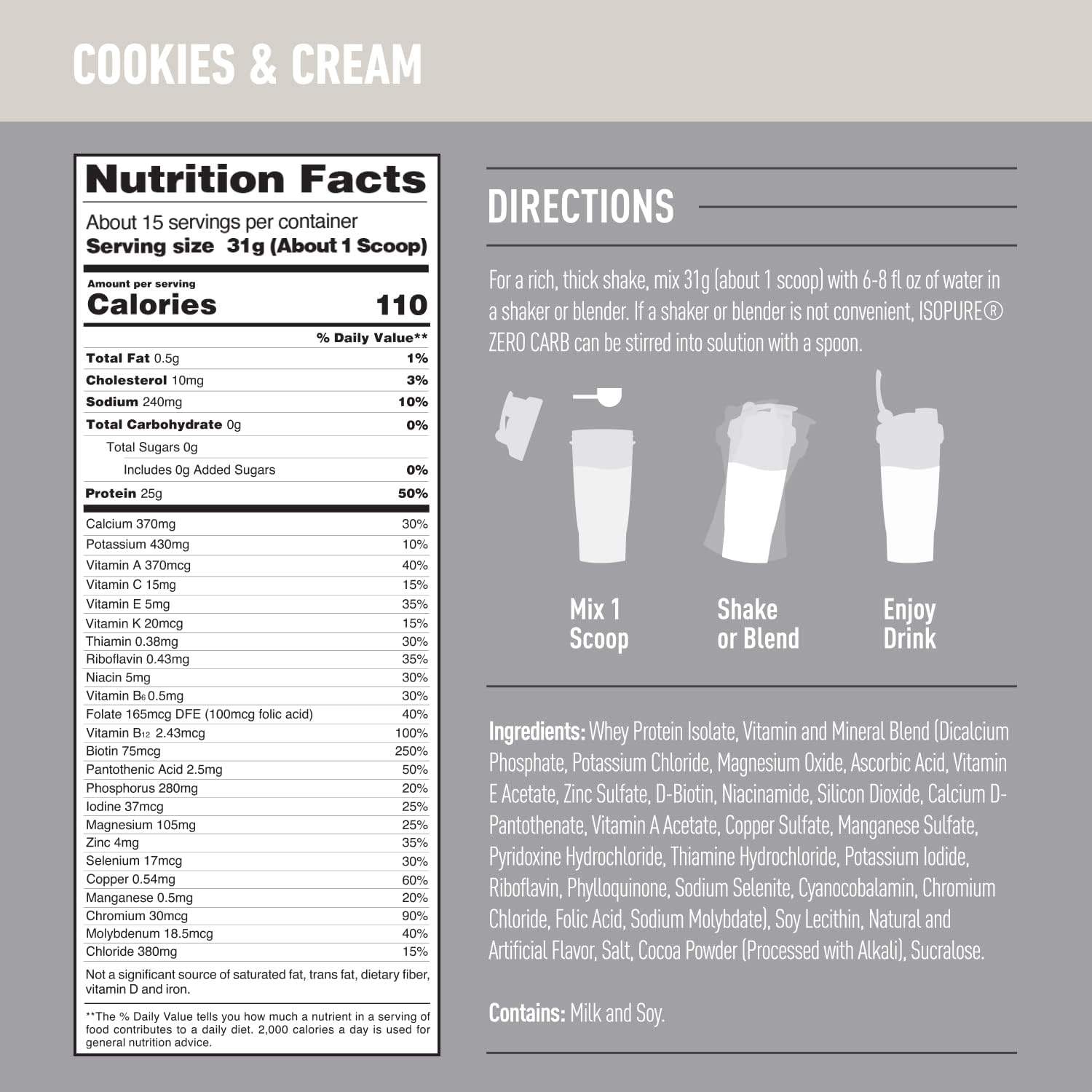 Isopure Zero Carb Whey Isolate Protein Powder, Cookies & Cream Flavor, 25g Protein, 1lb, 15 Servings, Lactose & Gluten Free