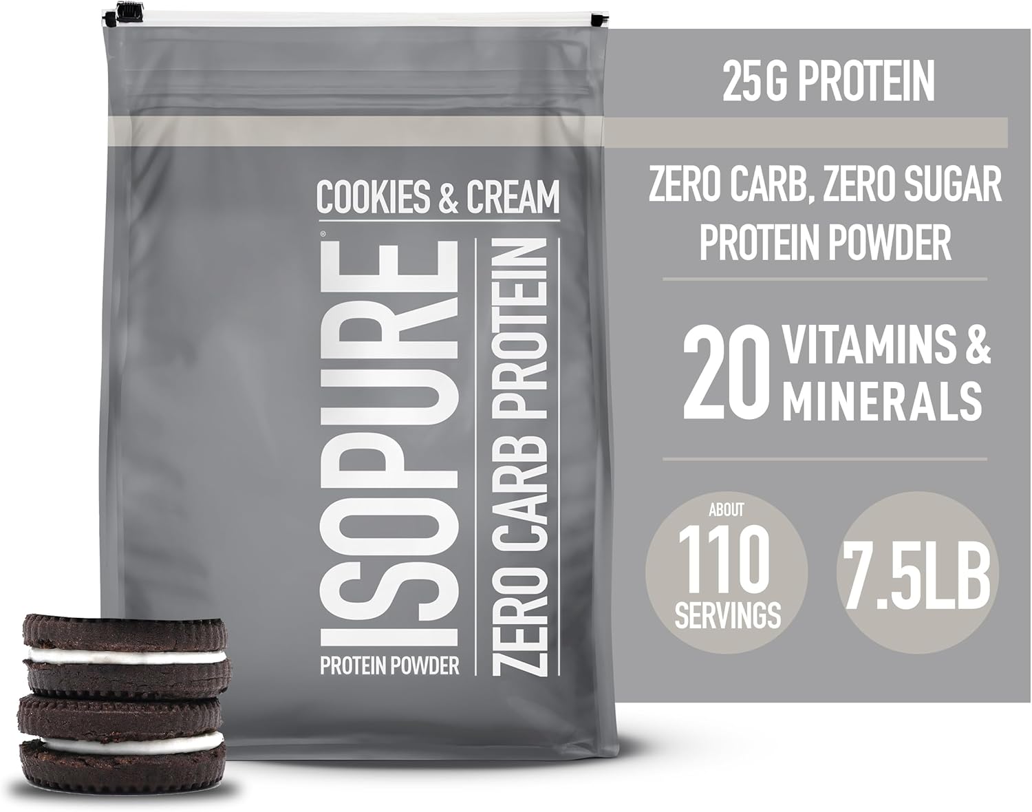 Isopure Zero Carb Whey Isolate Protein Powder, Cookies & Cream Flavor, 25g Protein, 7.5 Lbs, 110 Servings, Lactose & Gluten Free